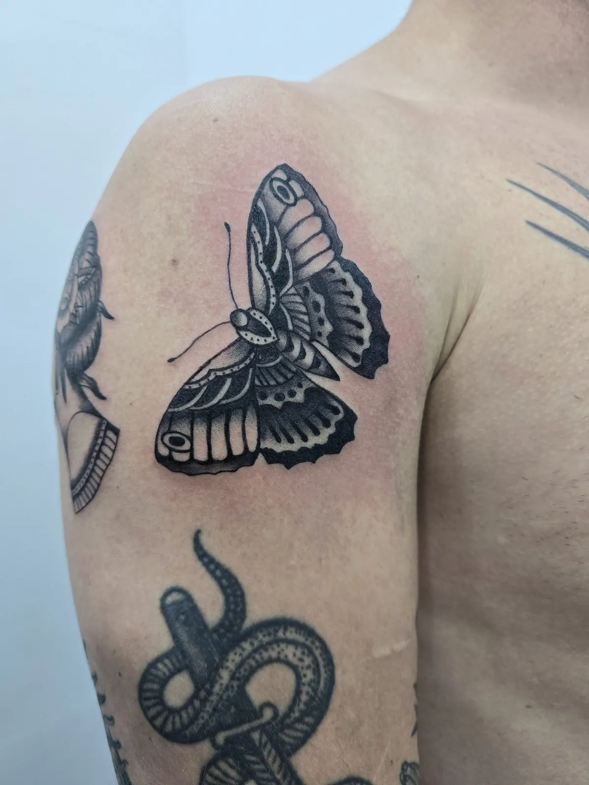Zwart-grijze tattoo van een mot op de schouder, met een slang eronder op de bovenarm